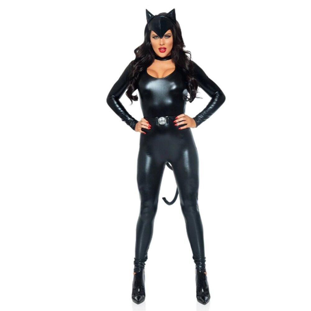Feline Femme Fatale Costume – 3 Piece Villain-Inspired Set with Keyhole Catsuit